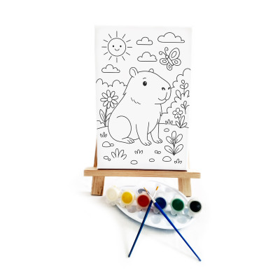 Kapibara Çocuk Ressam Seti - 20 x 30 cm Önçizimli Tuval, 2 Adet Fırça, Palet, Boyalar ve Şövale