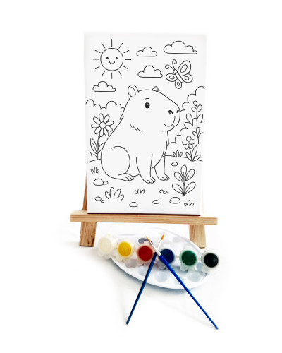 Kapibara Çocuk Ressam Seti - 20 x 30 cm Önçizimli Tuval, 2 Adet Fırça, Palet, Boyalar ve Şövale
