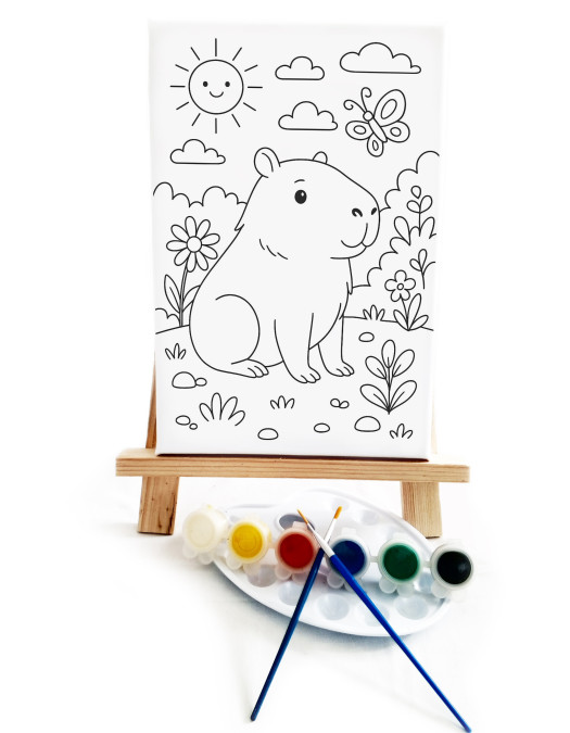 Kapibara Çocuk Ressam Seti - 20 x 30 cm Önçizimli Tuval, 2 Adet Fırça, Palet, Boyalar ve Şövale Kapibara Çocuk Ressam Seti - 20 x 30 cm Önçizimli Tuval, 2 Adet Fırça, Palet, Boyalar ve Şövale