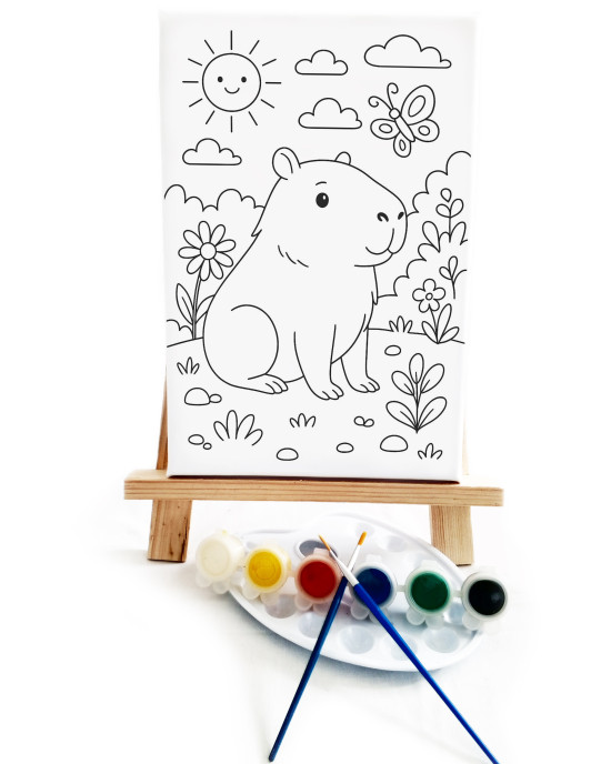 Kapibara Çocuk Ressam Seti - 20 x 30 cm Önçizimli Tuval, 2 Adet Fırça, Palet, Boyalar ve Şövale