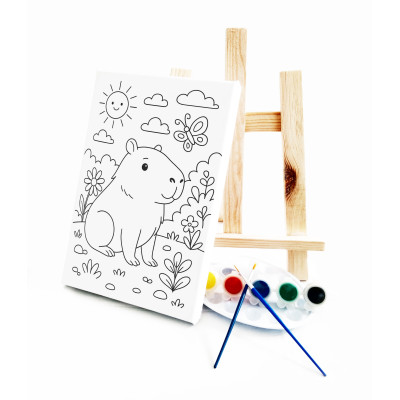 Kapibara Çocuk Ressam Seti - 20 x 30 cm Önçizimli Tuval, 2 Adet Fırça, Palet, Boyalar ve Şövale