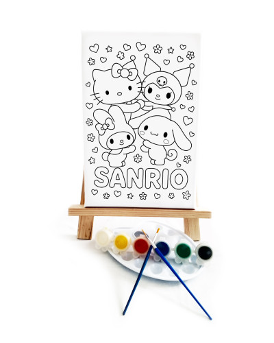 San Rio Çocuk Ressam Seti - 20 x 30 cm Önçizimli Tuval, 2 Adet Fırça, Palet, Boyalar ve Şövale