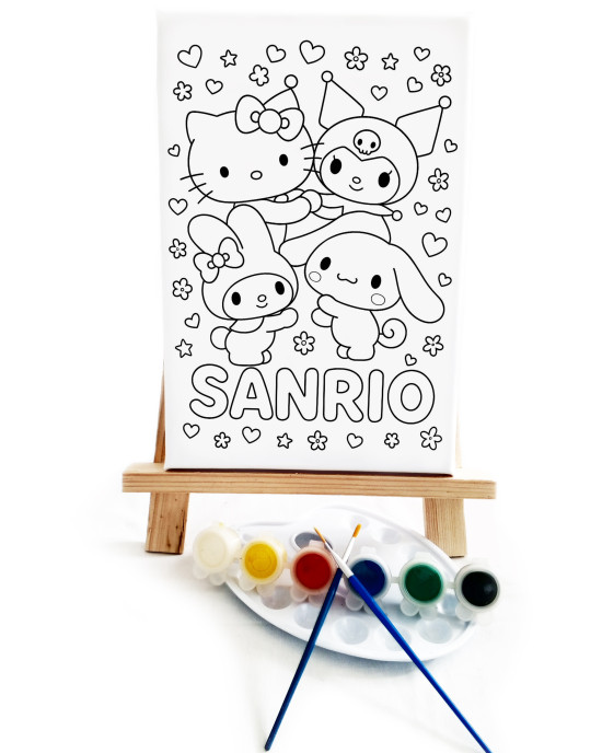 San Rio Çocuk Ressam Seti - 20 x 30 cm Önçizimli Tuval, 2 Adet Fırça, Palet, Boyalar ve Şövale