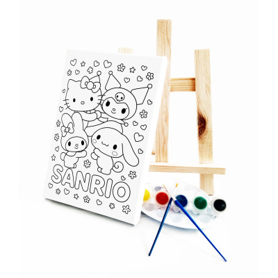 San Rio Çocuk Ressam Seti - 20 x 30 cm Önçizimli Tuval, 2 Adet Fırça, Palet, Boyalar ve Şövale