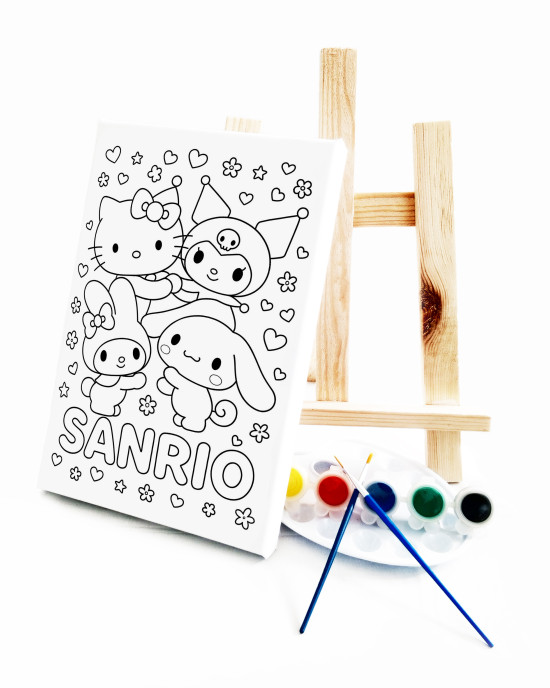 San Rio Çocuk Ressam Seti - 20 x 30 cm Önçizimli Tuval, 2 Adet Fırça, Palet, Boyalar ve Şövale