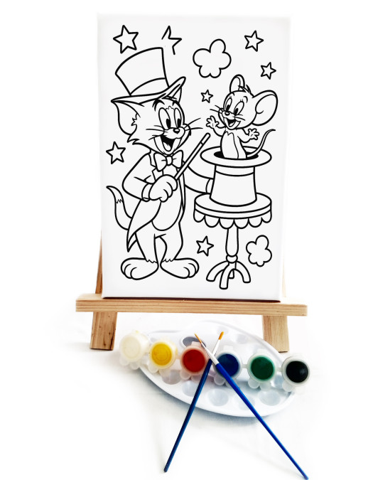 TomJerry Çocuk Ressam Seti - 20 x 30 cm Önçizimli Tuval, 2 Adet Fırça, Palet, Boyalar ve Şövale TomJerry Çocuk Ressam Seti - 20 x 30 cm Önçizimli Tuval, 2 Adet Fırça, Palet, Boyalar ve Şövale