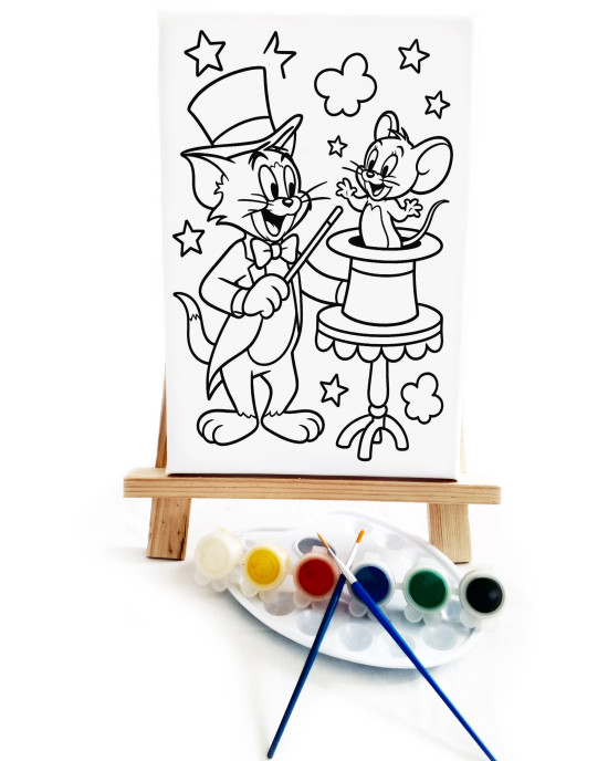 TomJerry Çocuk Ressam Seti - 20 x 30 cm Önçizimli Tuval, 2 Adet Fırça, Palet, Boyalar ve Şövale