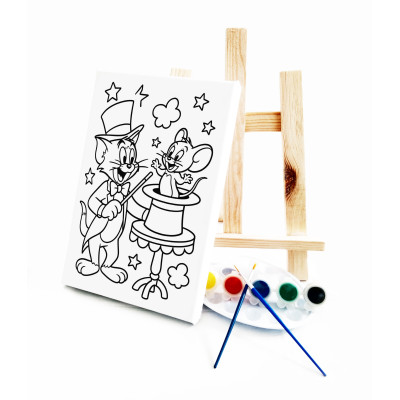 TomJerry Çocuk Ressam Seti - 20 x 30 cm Önçizimli Tuval, 2 Adet Fırça, Palet, Boyalar ve Şövale