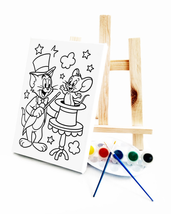 TomJerry Çocuk Ressam Seti - 20 x 30 cm Önçizimli Tuval, 2 Adet Fırça, Palet, Boyalar ve Şövale