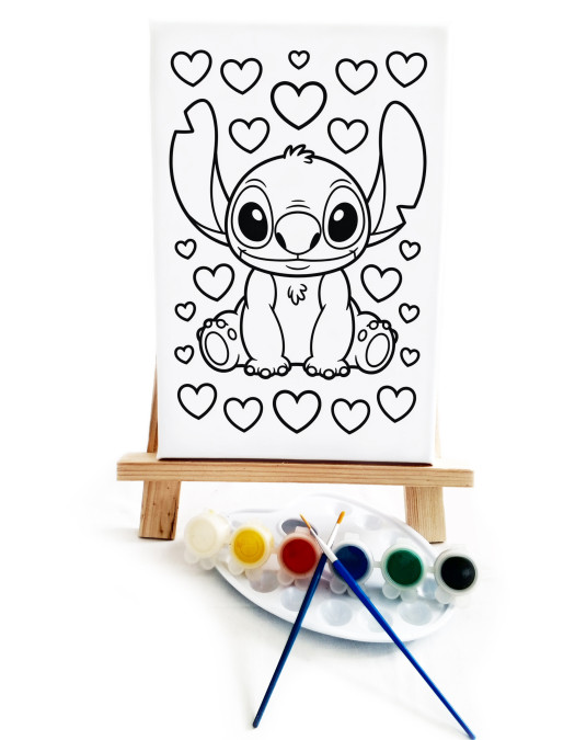 Kalpli Stiitch Çocuk Ressam Seti - 20 x 30 cm Önçizimli Tuval, 2 Adet Fırça, Palet, Boyalar ve Şövale Kalpli Stiitch Çocuk Ressam Seti - 20 x 30 cm Önçizimli Tuval, 2 Adet Fırça, Palet, Boyalar ve Şövale