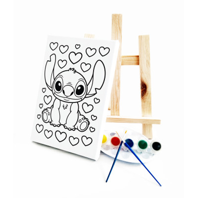 Kalpli Stiitch Çocuk Ressam Seti - 20 x 30 cm Önçizimli Tuval, 2 Adet Fırça, Palet, Boyalar ve Şövale