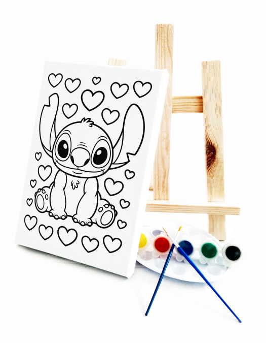 Kalpli Stiitch Çocuk Ressam Seti - 20 x 30 cm Önçizimli Tuval, 2 Adet Fırça, Palet, Boyalar ve Şövale Kalpli Stiitch Çocuk Ressam Seti - 20 x 30 cm Önçizimli Tuval, 2 Adet Fırça, Palet, Boyalar ve Şövale