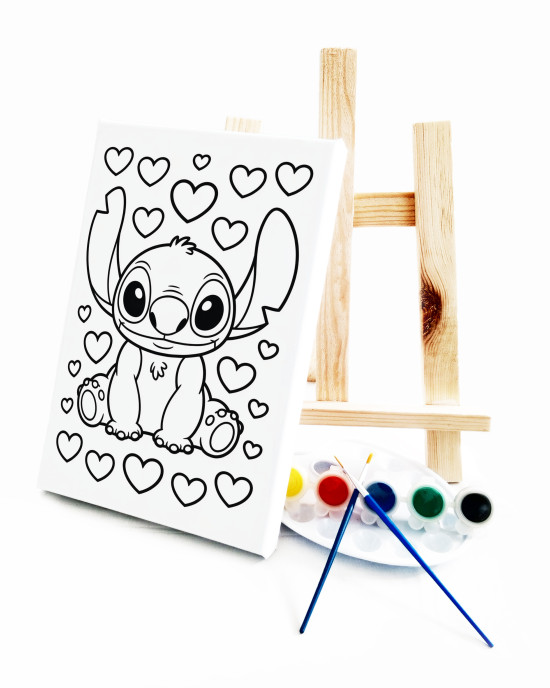 Kalpli Stiitch Çocuk Ressam Seti - 20 x 30 cm Önçizimli Tuval, 2 Adet Fırça, Palet, Boyalar ve Şövale