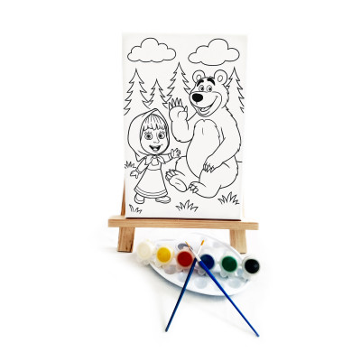 Masha Çocuk Ressam Seti - 20 x 30 cm Önçizimli Tuval, 2 Adet Fırça, Palet, Boyalar ve Şövale