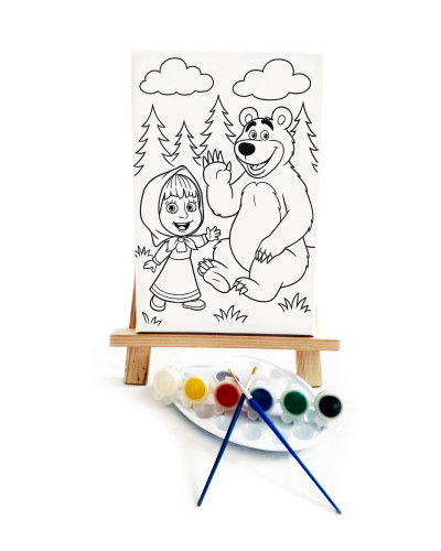 Masha Çocuk Ressam Seti - 20 x 30 cm Önçizimli Tuval, 2 Adet Fırça, Palet, Boyalar ve Şövale