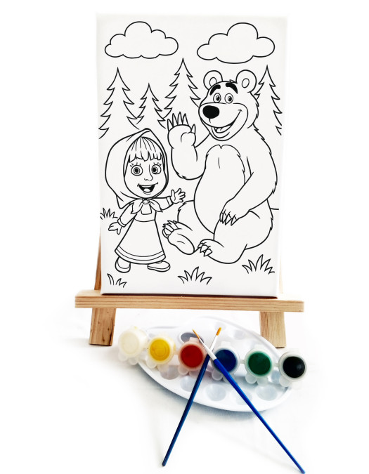 Masha Çocuk Ressam Seti - 20 x 30 cm Önçizimli Tuval, 2 Adet Fırça, Palet, Boyalar ve Şövale