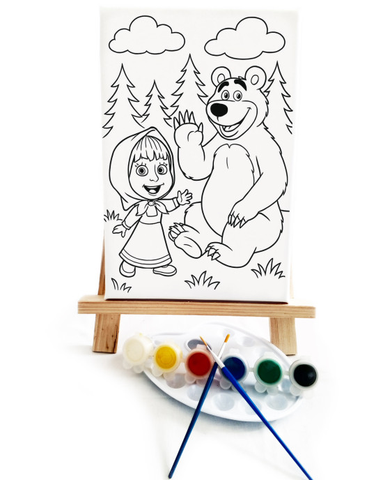 Masha Çocuk Ressam Seti - 20 x 30 cm Önçizimli Tuval, 2 Adet Fırça, Palet, Boyalar ve Şövale