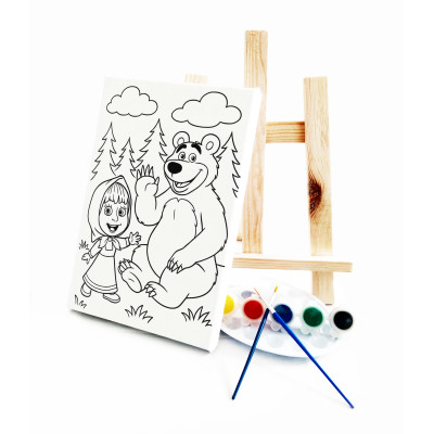 Masha Çocuk Ressam Seti - 20 x 30 cm Önçizimli Tuval, 2 Adet Fırça, Palet, Boyalar ve Şövale
