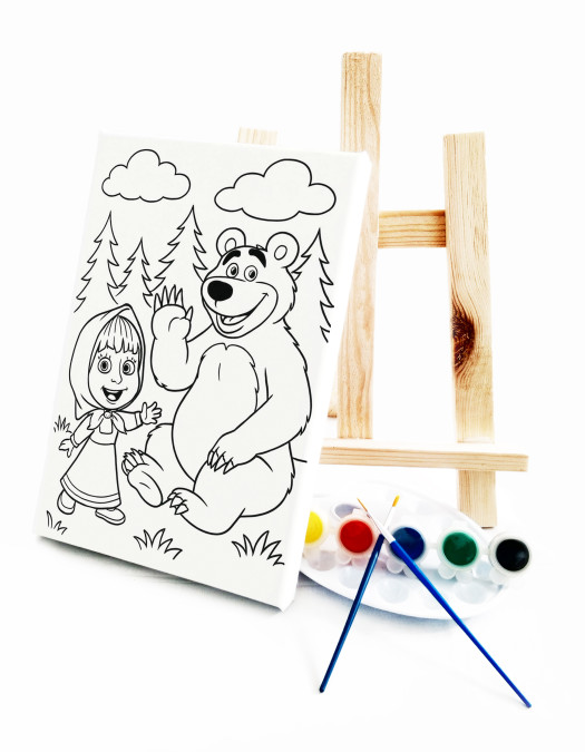 Masha Çocuk Ressam Seti - 20 x 30 cm Önçizimli Tuval, 2 Adet Fırça, Palet, Boyalar ve Şövale