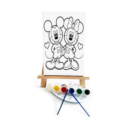 Mickey Çocuk Ressam Seti - 20 x 30 cm Önçizimli Tuval, 2 Adet Fırça, Palet, Boyalar ve Şövale