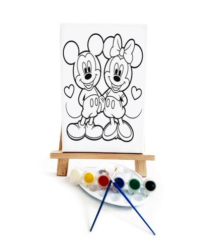 Mickey Çocuk Ressam Seti - 20 x 30 cm Önçizimli Tuval, 2 Adet Fırça, Palet, Boyalar ve Şövale