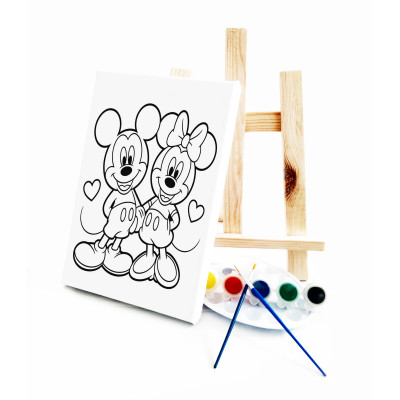 Mickey Çocuk Ressam Seti - 20 x 30 cm Önçizimli Tuval, 2 Adet Fırça, Palet, Boyalar ve Şövale