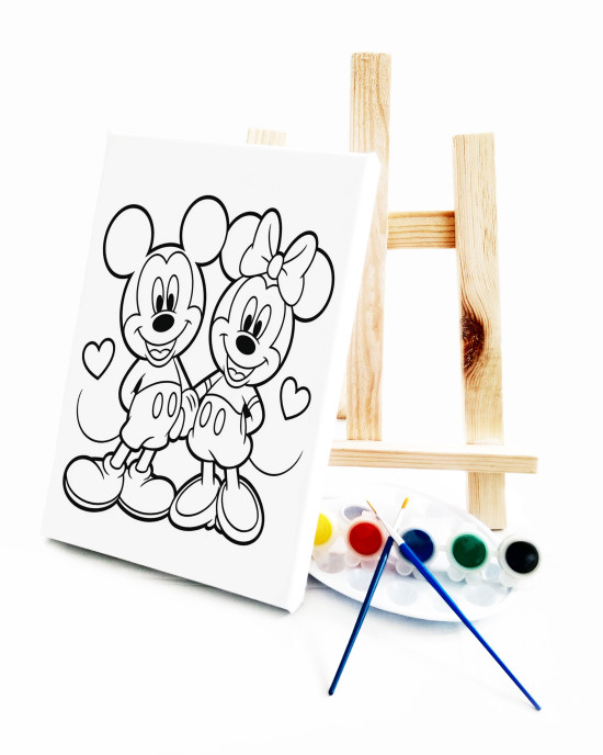 Mickey Çocuk Ressam Seti - 20 x 30 cm Önçizimli Tuval, 2 Adet Fırça, Palet, Boyalar ve Şövale