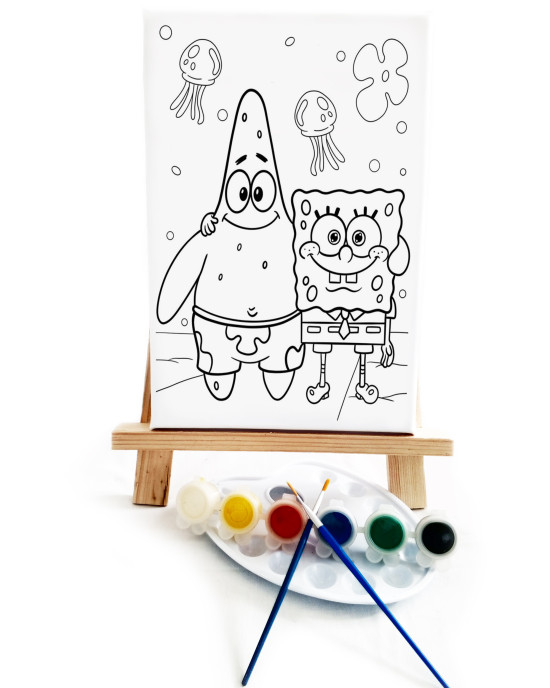 Patrick & Bob Ressam Seti - 20 x 30 cm Önçizimli Tuval, 2 Adet Fırça, Palet, Boyalar ve Şövale
