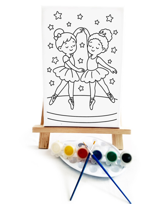 Küçük Balerinler Çocuk Ressam Seti - 20 x 30 cm Önçizimli Tuval, 2 Adet Fırça, Palet, Boyalar ve Şövale Küçük Balerinler Çocuk Ressam Seti - 20 x 30 cm Önçizimli Tuval, 2 Adet Fırça, Palet, Boyalar ve Şövale