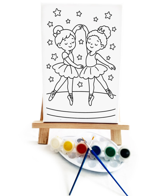 Küçük Balerinler Çocuk Ressam Seti - 20 x 30 cm Önçizimli Tuval, 2 Adet Fırça, Palet, Boyalar ve Şövale