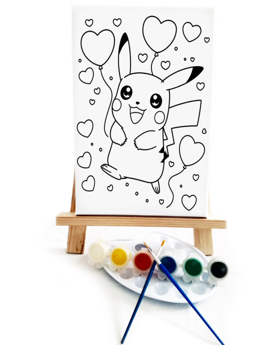 Pikaçuu Çocuk Ressam Seti - 20 x 30 cm Önçizimli Tuval, 2 Adet Fırça, Palet, Boyalar ve Şövale