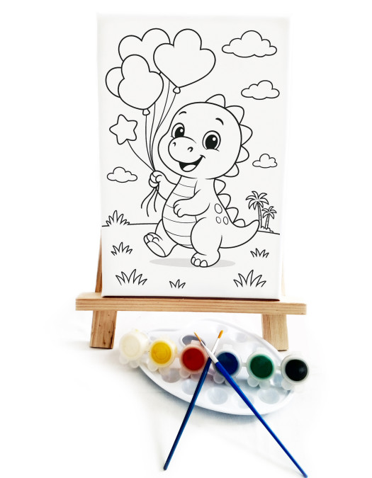 DinoBalon Çocuk Ressam Seti - 20 x 30 cm Önçizimli Tuval, 2 Adet Fırça, Palet, Boyalar ve Şövale