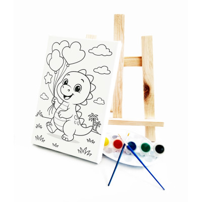 DinoBalon Çocuk Ressam Seti - 20 x 30 cm Önçizimli Tuval, 2 Adet Fırça, Palet, Boyalar ve Şövale