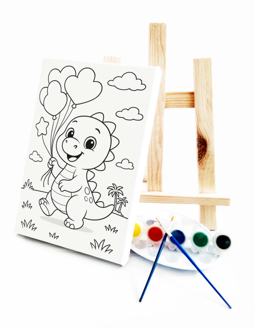 DinoBalon Çocuk Ressam Seti - 20 x 30 cm Önçizimli Tuval, 2 Adet Fırça, Palet, Boyalar ve Şövale