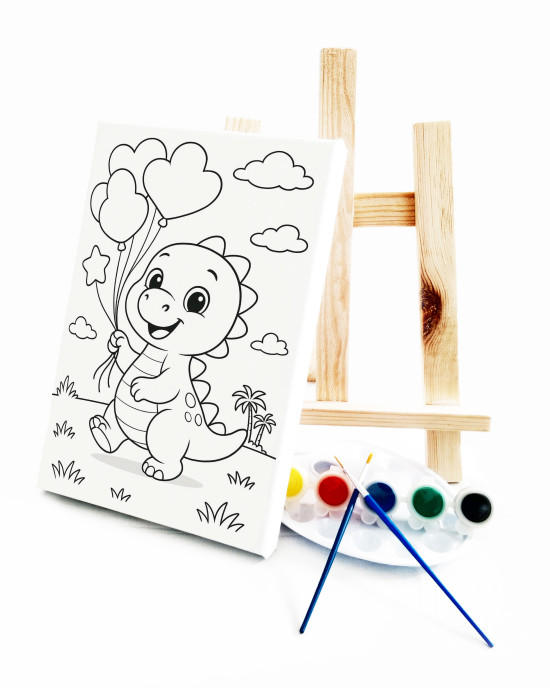 DinoBalon Çocuk Ressam Seti - 20 x 30 cm Önçizimli Tuval, 2 Adet Fırça, Palet, Boyalar ve Şövale
