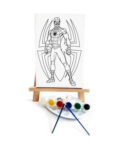 Spider Çocuk Ressam Seti - 20 x 30 cm Önçizimli Tuval, 2 Adet Fırça, Palet, Boyalar ve Şövale