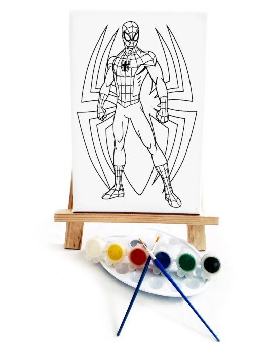 Spider Çocuk Ressam Seti - 20 x 30 cm Önçizimli Tuval, 2 Adet Fırça, Palet, Boyalar ve Şövale