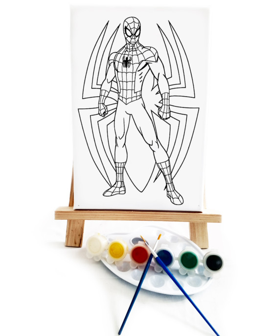 Spider Çocuk Ressam Seti - 20 x 30 cm Önçizimli Tuval, 2 Adet Fırça, Palet, Boyalar ve Şövale