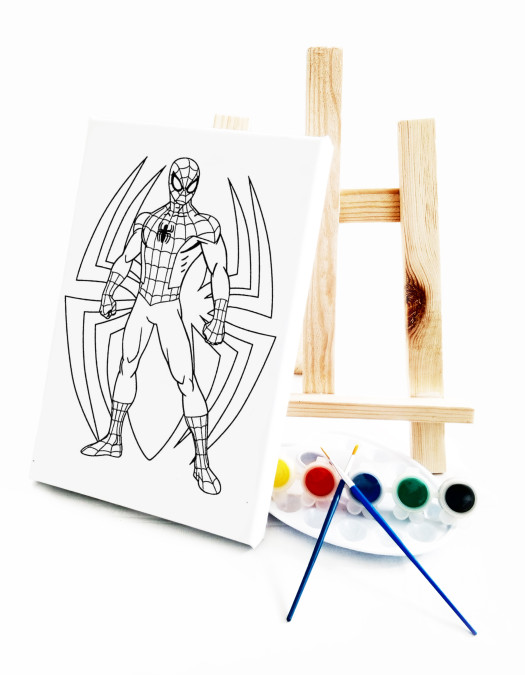 Spider Çocuk Ressam Seti - 20 x 30 cm Önçizimli Tuval, 2 Adet Fırça, Palet, Boyalar ve Şövale