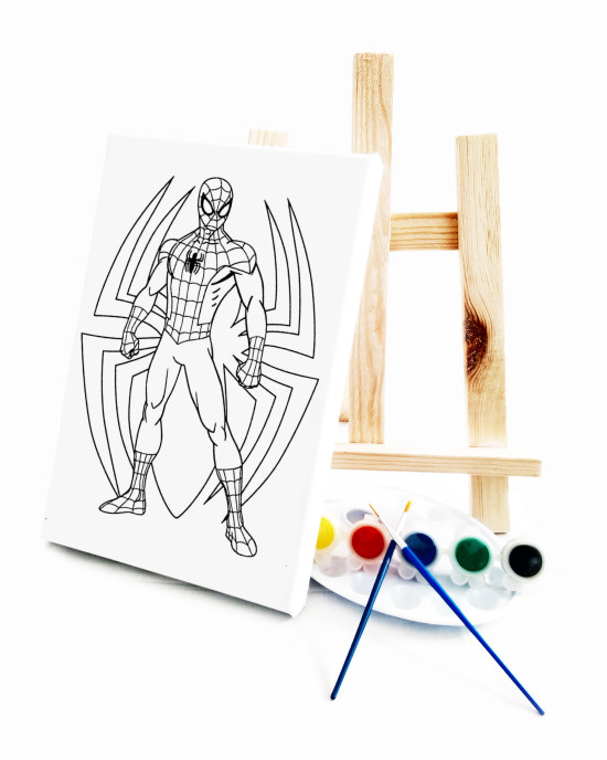 Spider Çocuk Ressam Seti - 20 x 30 cm Önçizimli Tuval, 2 Adet Fırça, Palet, Boyalar ve Şövale