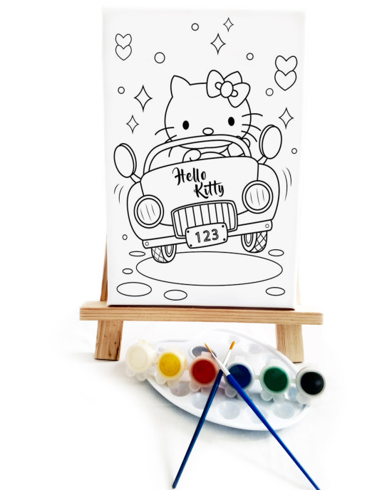 HolaKita in Car Çocuk Ressam Seti - 20 x 30 cm Önçizimli Tuval, 2 Adet Fırça, Palet, Boyalar ve Şövale