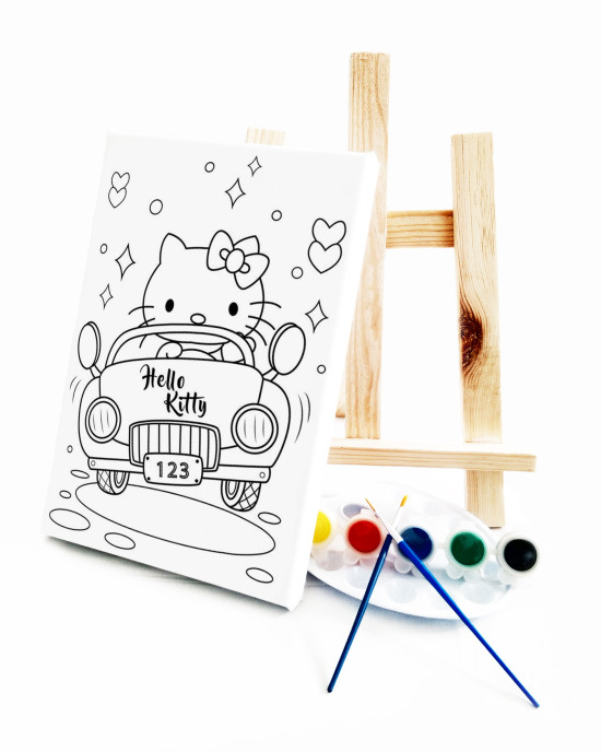 HolaKita in Car Çocuk Ressam Seti - 20 x 30 cm Önçizimli Tuval, 2 Adet Fırça, Palet, Boyalar ve Şövale