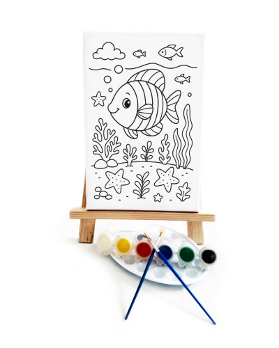 Kırmızı Balık Çocuk Ressam Seti - 20 x 30 cm Önçizimli Tuval, 2 Adet Fırça, Palet, Boyalar ve Şövale