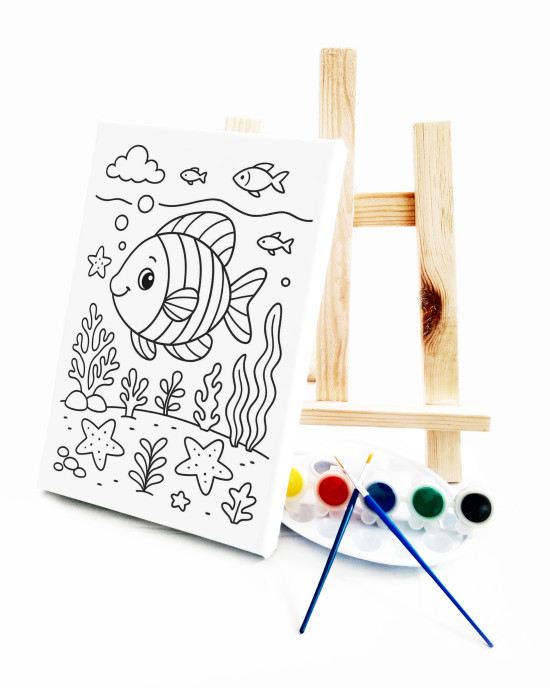 Kırmızı Balık Çocuk Ressam Seti - 20 x 30 cm Önçizimli Tuval, 2 Adet Fırça, Palet, Boyalar ve Şövale