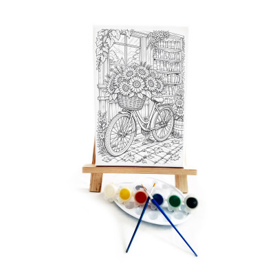 Çiçekli Bisiklet Ressam Seti - 20 x 30 cm Önçizimli Tuval, 2 Adet Fırça, Palet, Boyalar ve Şövale