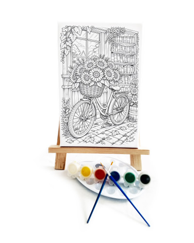 Çiçekli Bisiklet Ressam Seti - 20 x 30 cm Önçizimli Tuval, 2 Adet Fırça, Palet, Boyalar ve Şövale