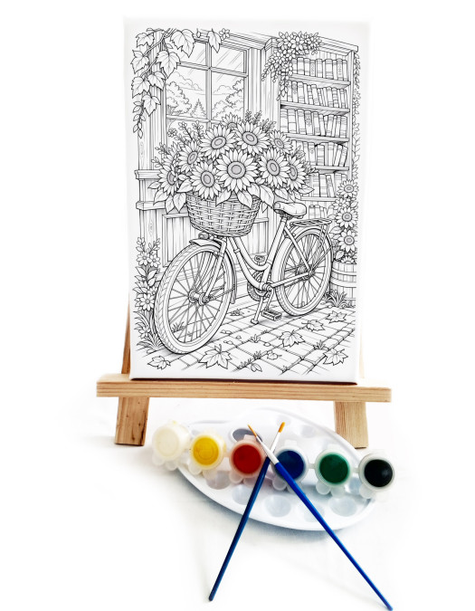 Çiçekli Bisiklet Ressam Seti - 20 x 30 cm Önçizimli Tuval, 2 Adet Fırça, Palet, Boyalar ve Şövale Çiçekli Bisiklet Ressam Seti - 20 x 30 cm Önçizimli Tuval, 2 Adet Fırça, Palet, Boyalar ve Şövale