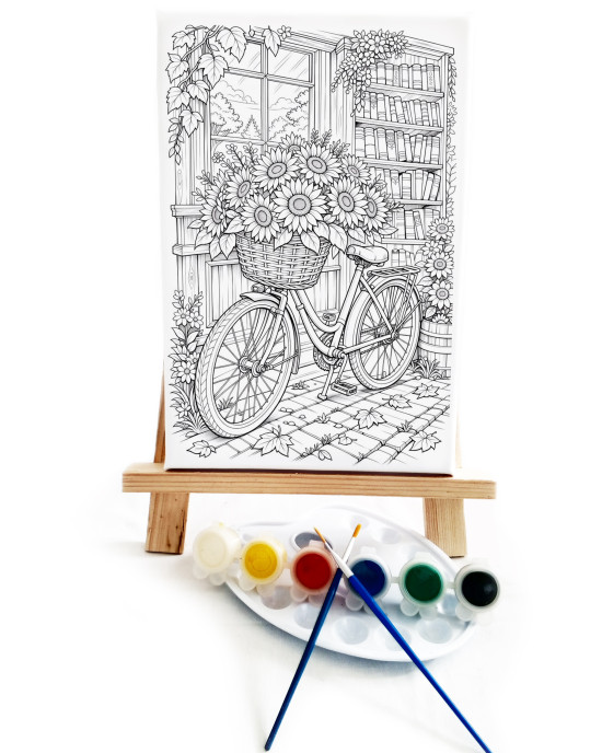 Çiçekli Bisiklet Ressam Seti - 20 x 30 cm Önçizimli Tuval, 2 Adet Fırça, Palet, Boyalar ve Şövale