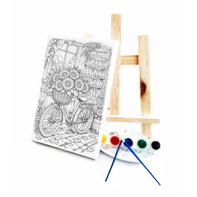 Çiçekli Bisiklet Ressam Seti - 20 x 30 cm Önçizimli Tuval, 2 Adet Fırça, Palet, Boyalar ve Şövale