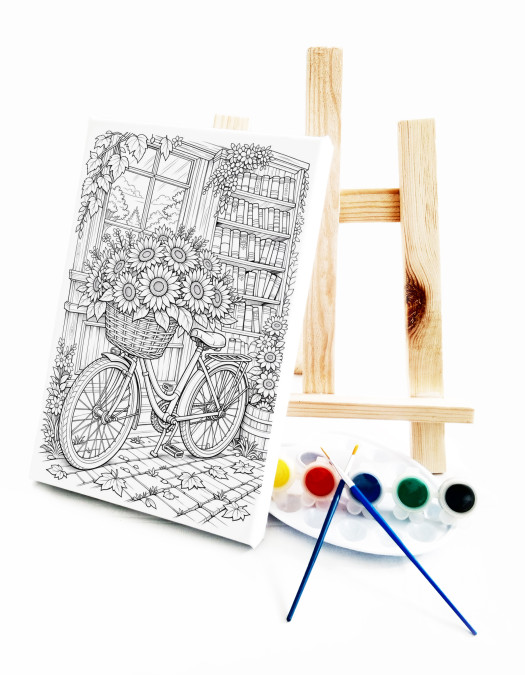 Çiçekli Bisiklet Ressam Seti - 20 x 30 cm Önçizimli Tuval, 2 Adet Fırça, Palet, Boyalar ve Şövale Çiçekli Bisiklet Ressam Seti - 20 x 30 cm Önçizimli Tuval, 2 Adet Fırça, Palet, Boyalar ve Şövale